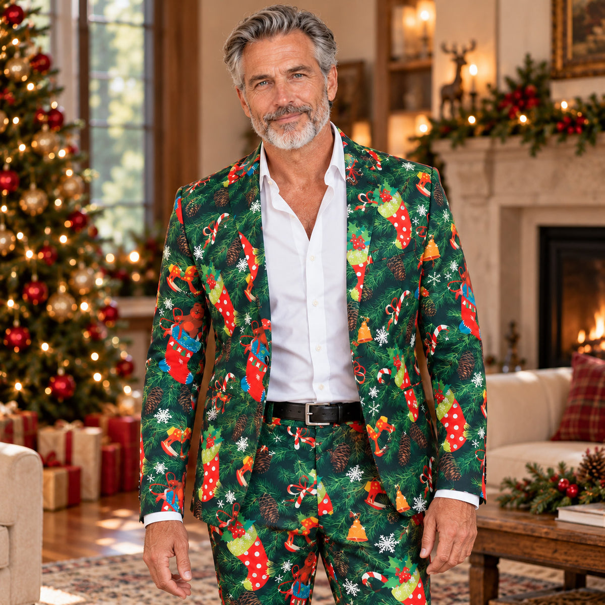 Wisholic men's festive Christmas printed suit featuring pine branches, stockings, and holiday ornaments worn by a model in a warm holiday living room setting.