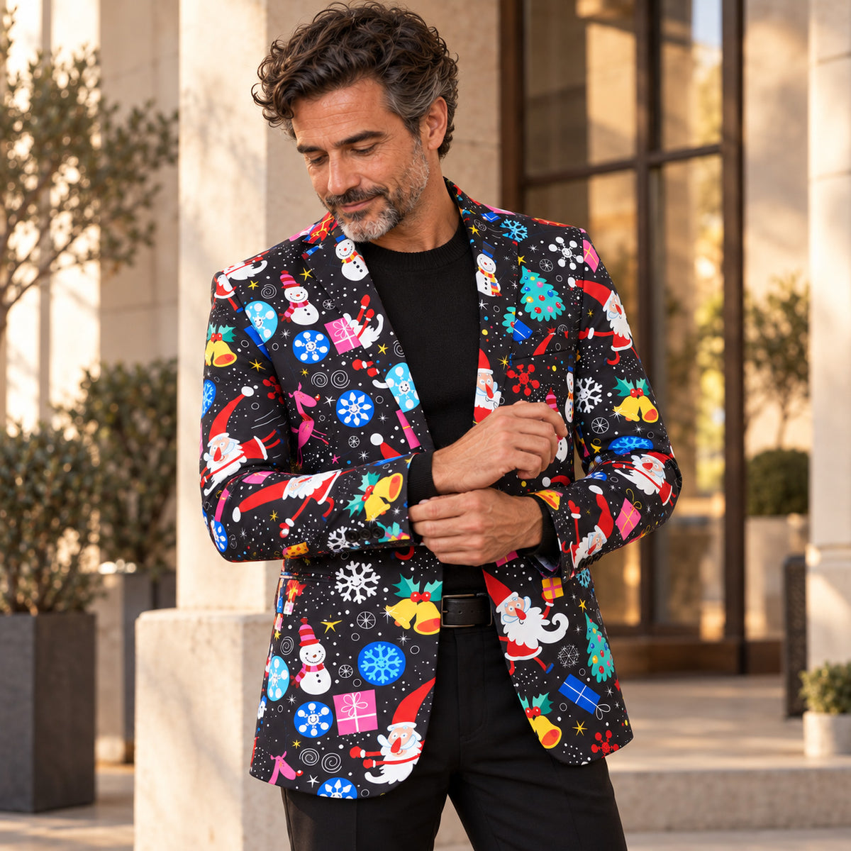 WISHOLIC men's Christmas print blazer styled with black trousers and a black knit top