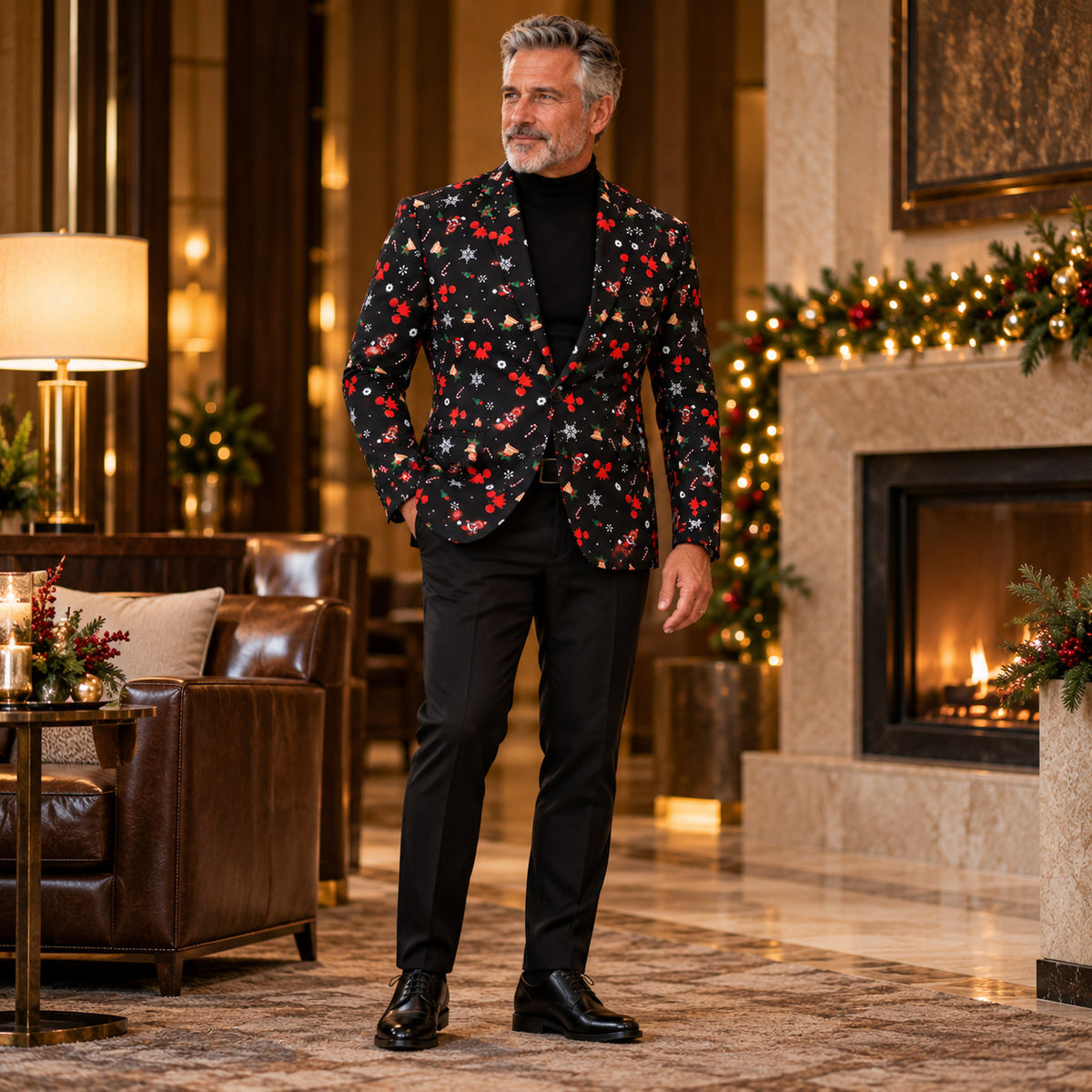 Wisholic festive Christmas pattern party blazer styled casually with solid black dress trousers and black dress shoes