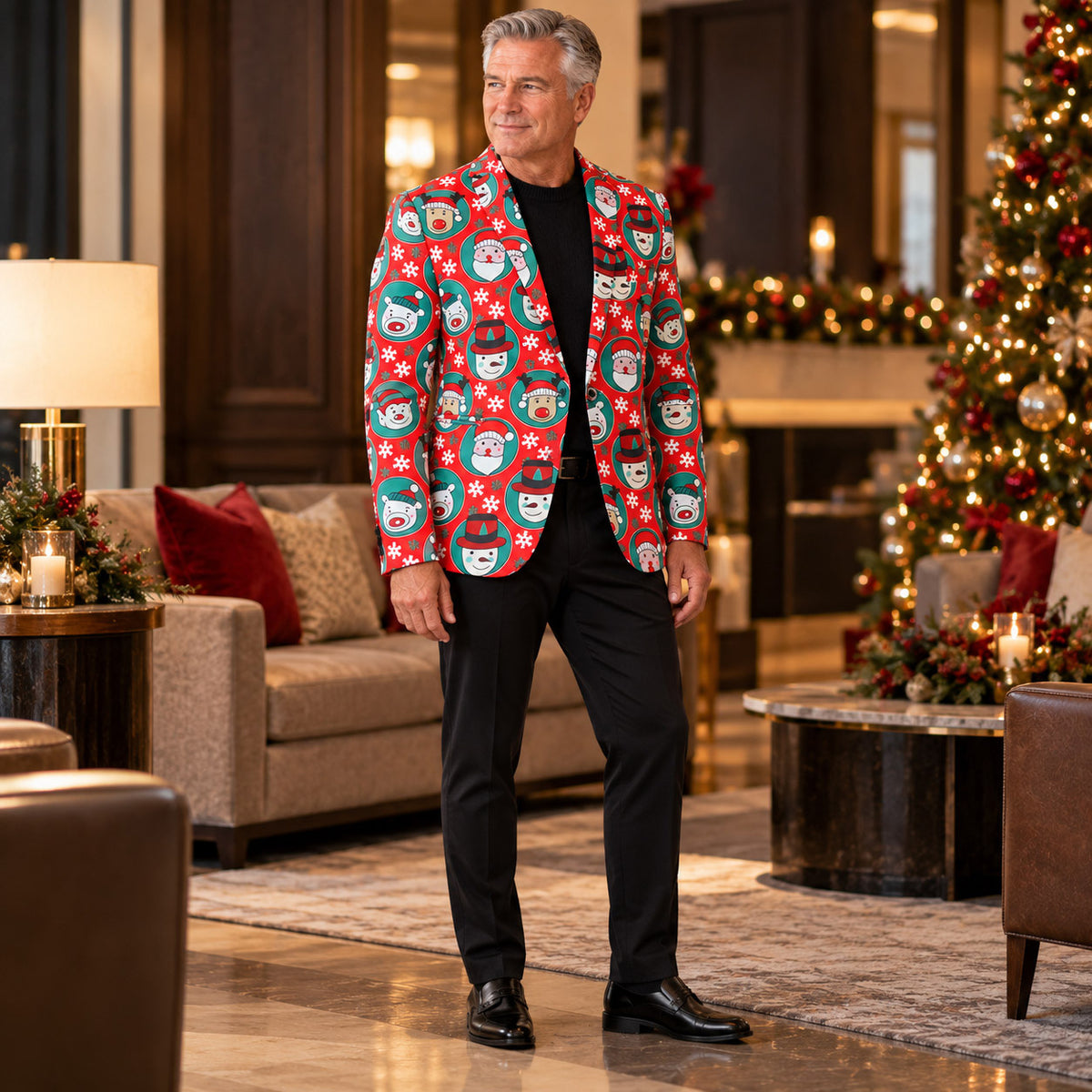 Wisholic men's cartoon Christmas print blazer styled casually with a black sweater and black dress pants.