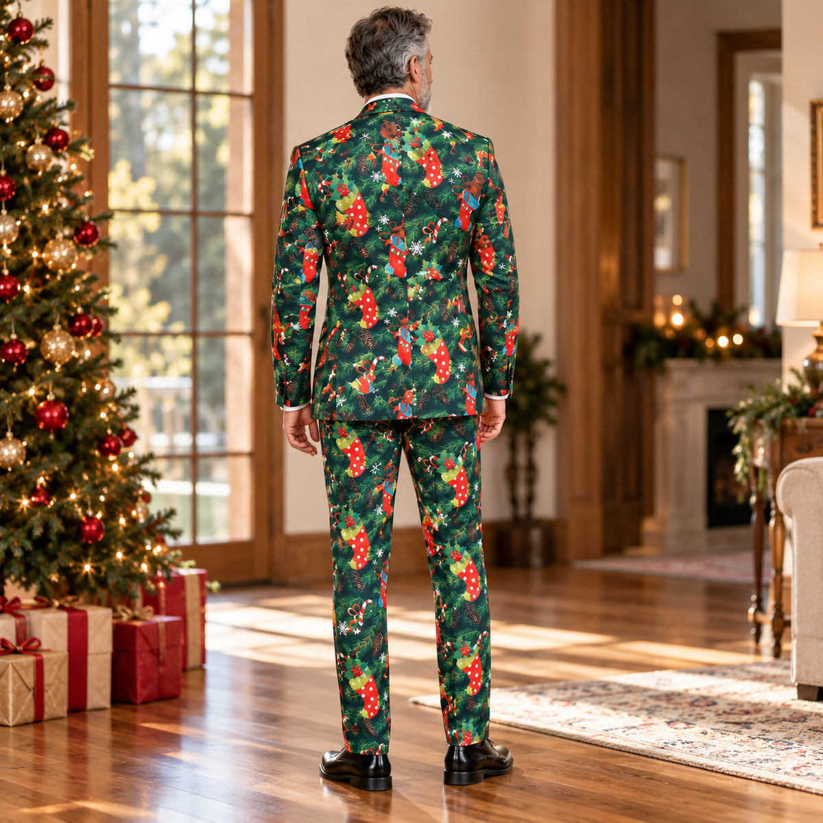 Back view of Wisholic tailored men's holiday Christmas suit jacket and matching trousers standing next to a decorated Christmas tree.