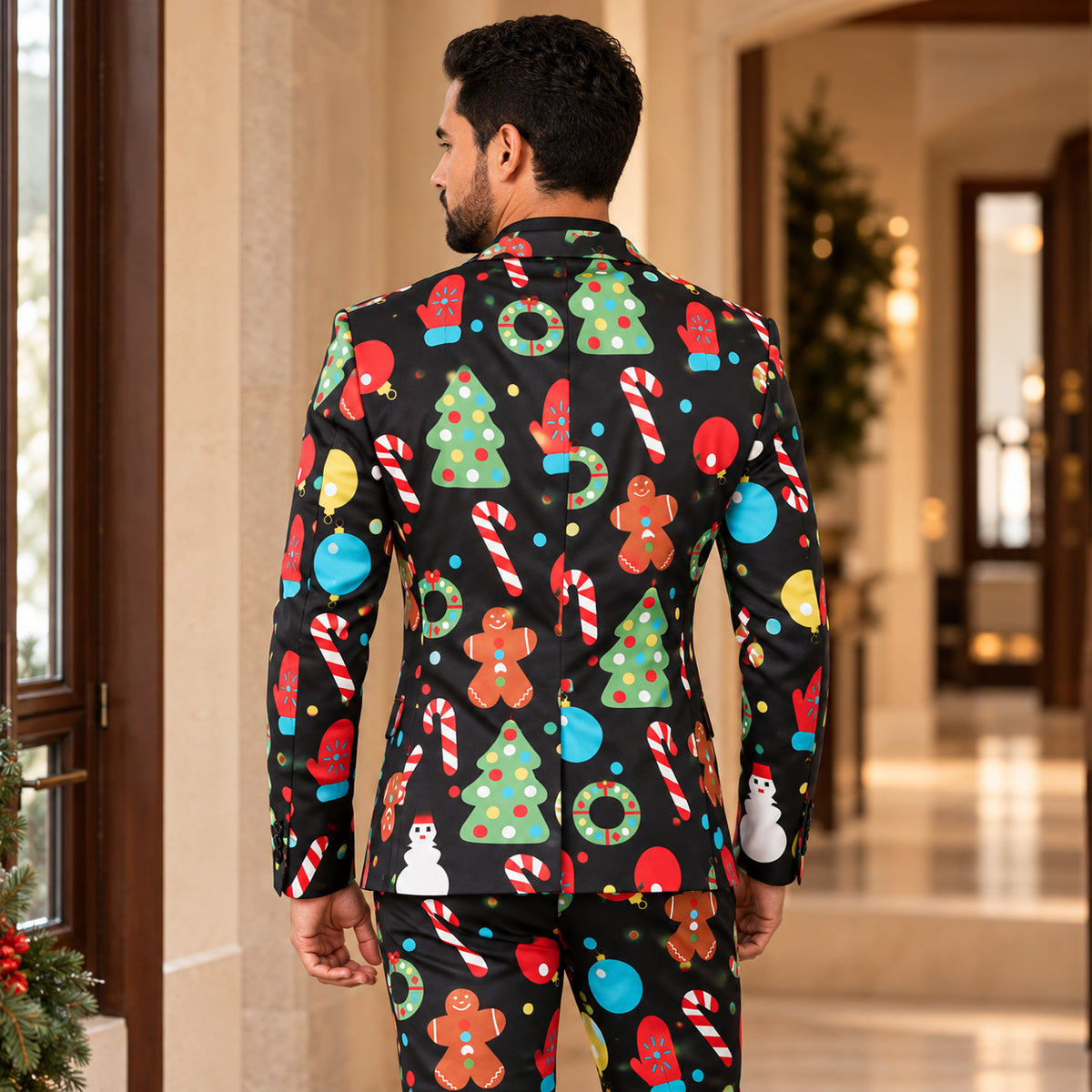 Back view of WISHOLIC men's black Christmas print suit showing colorful holiday patterns and tailored blazer