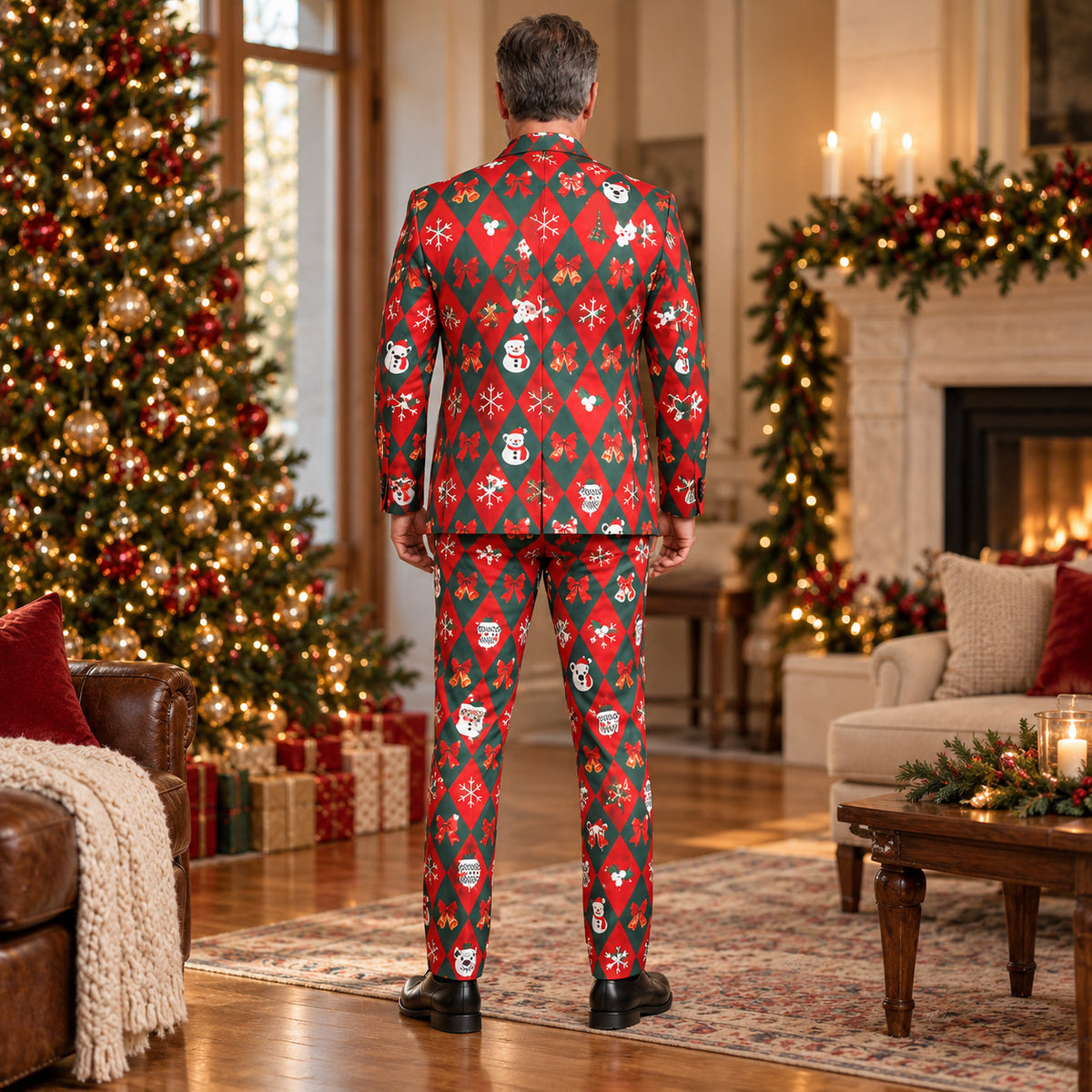Back view of the Wisholic festive Christmas print suit showing the structured jacket tailoring and matching slim-cut trousers