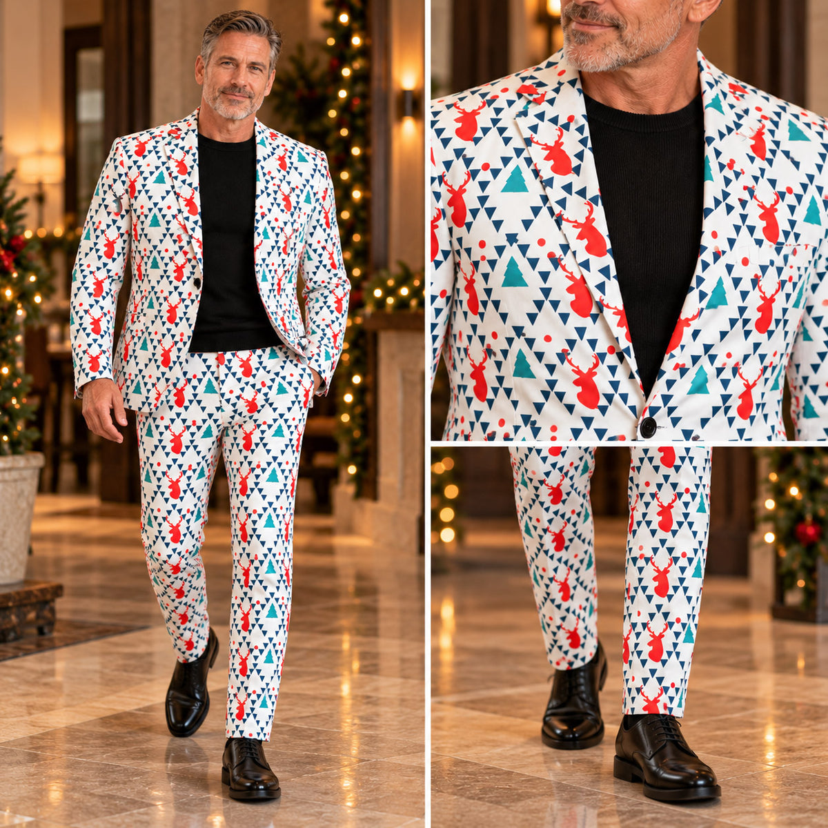 White Geometric Reindeer Print Suit