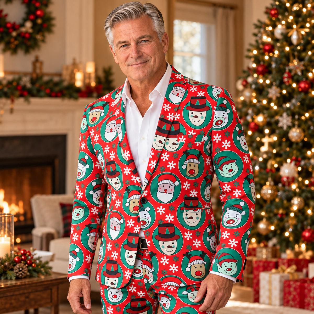 Wisholic men's festive red Christmas print suit jacket featuring cartoon Santa, snowman, and reindeer patterns.
