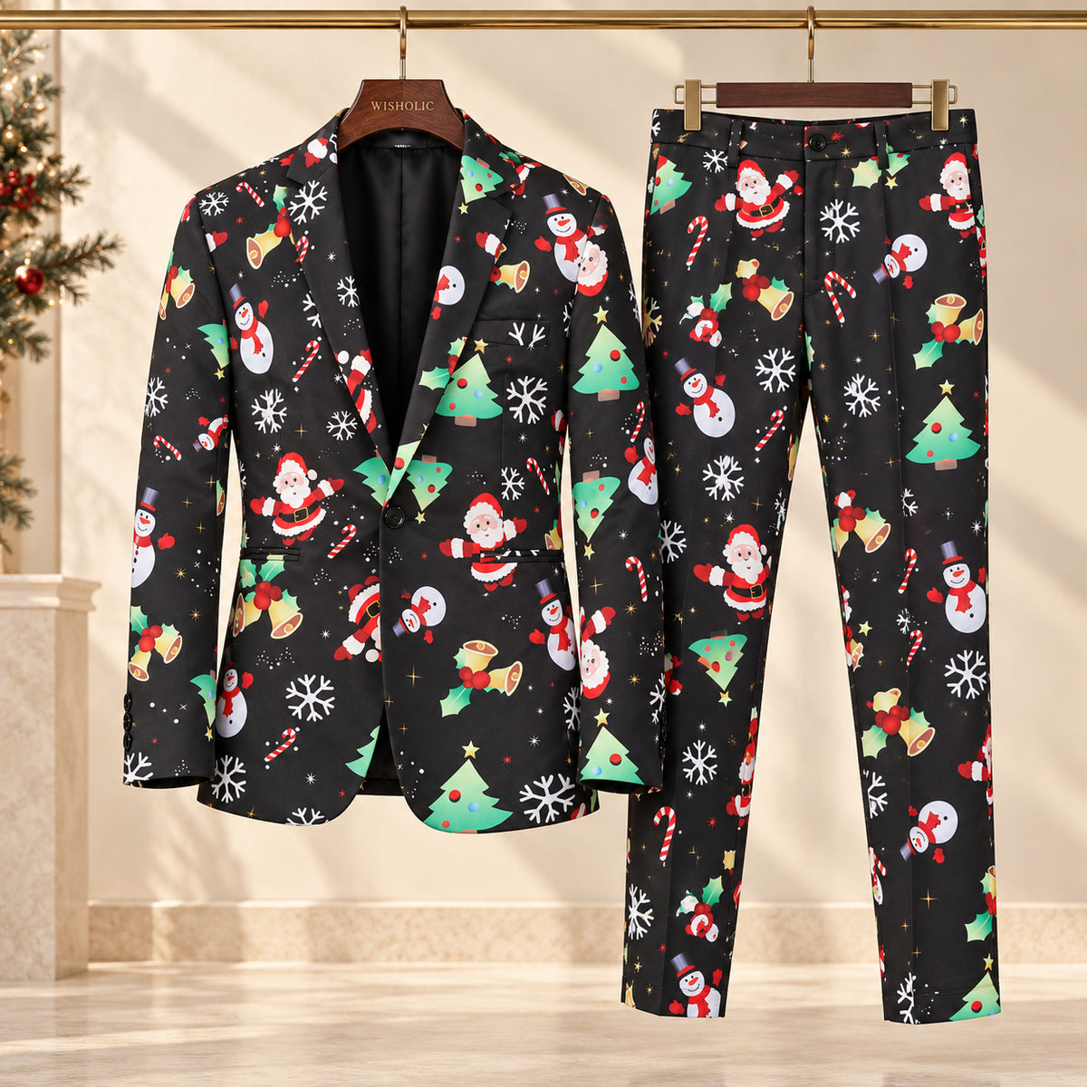 Wisholic men's 2-piece Christmas printed suit set with patterned blazer and matching trousers on hanger.