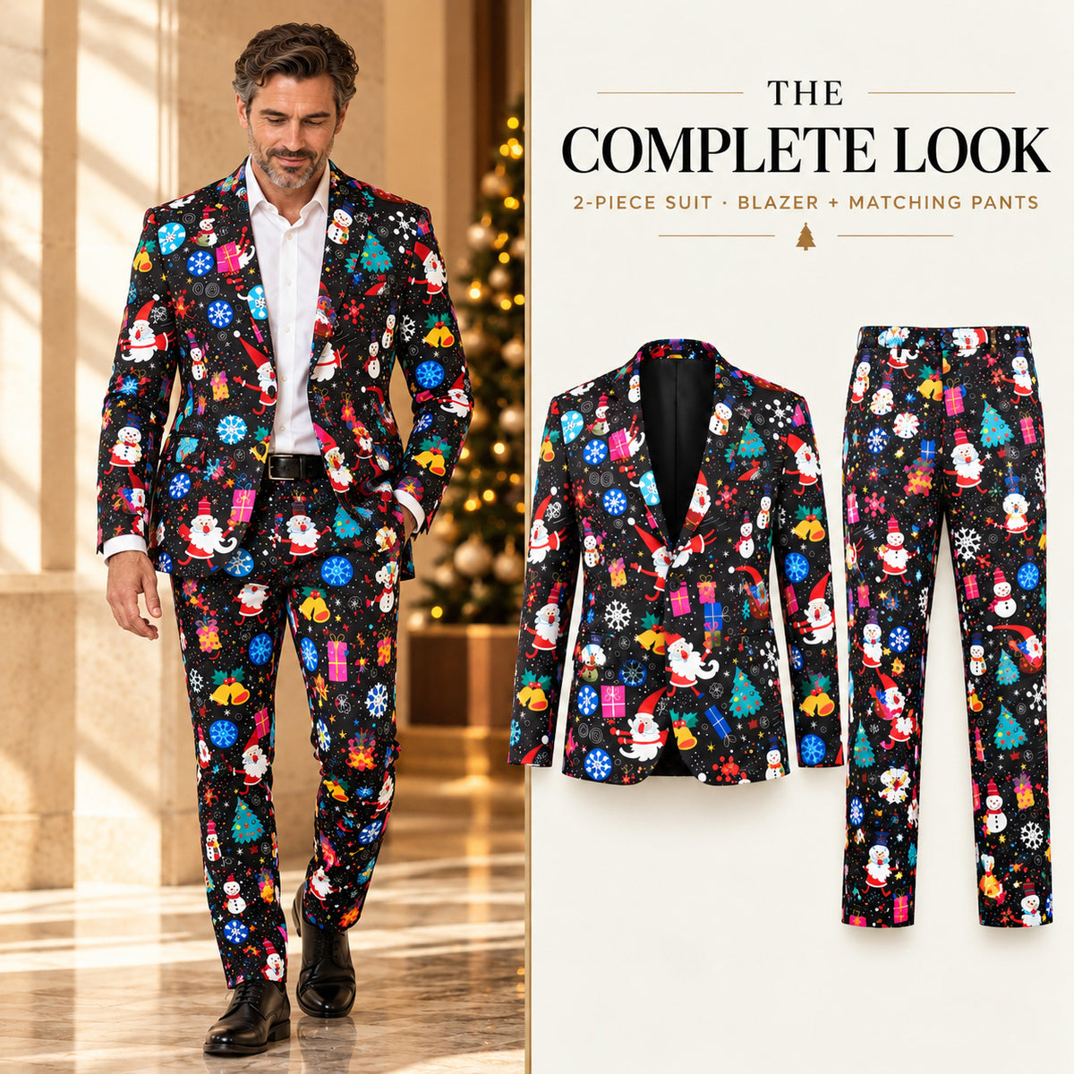 Wisholic complete look feature displaying men's Christmas pattern blazer and matching trousers set.