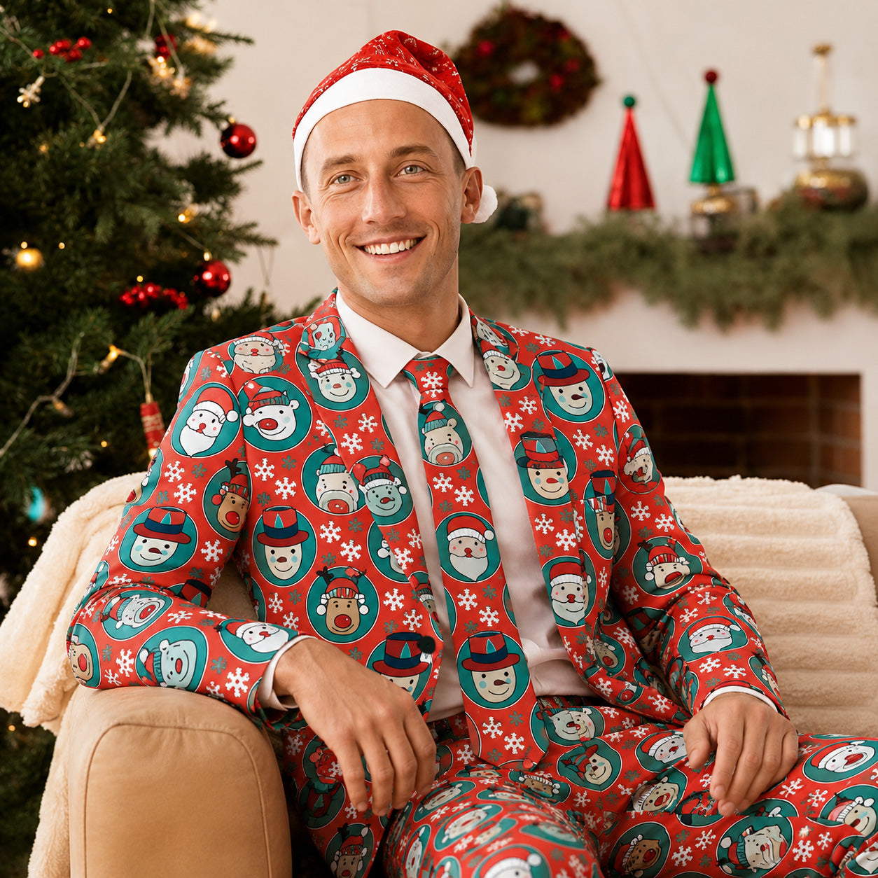 A smiling man wearing a WISHOLIC red Christmas patterned 3-piece suit with a matching tie and Santa hat, sitting on a sofa in a holiday setting.