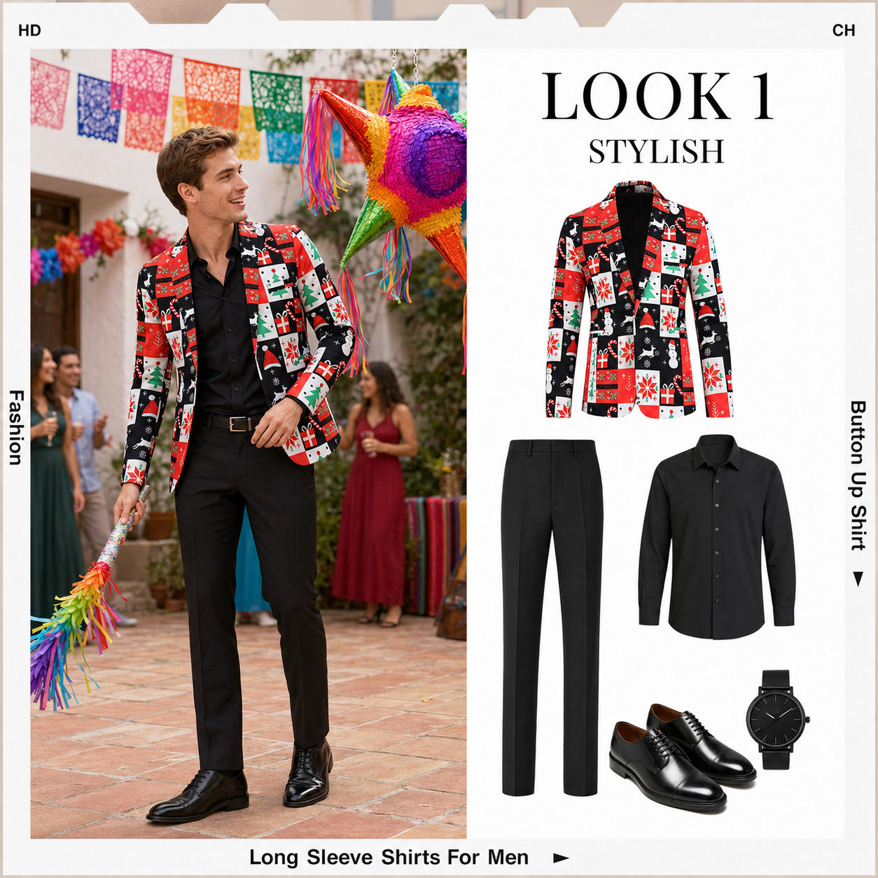 WISHOLIC men's Christmas printed blazer styled with solid black trousers for party outfit inspiration