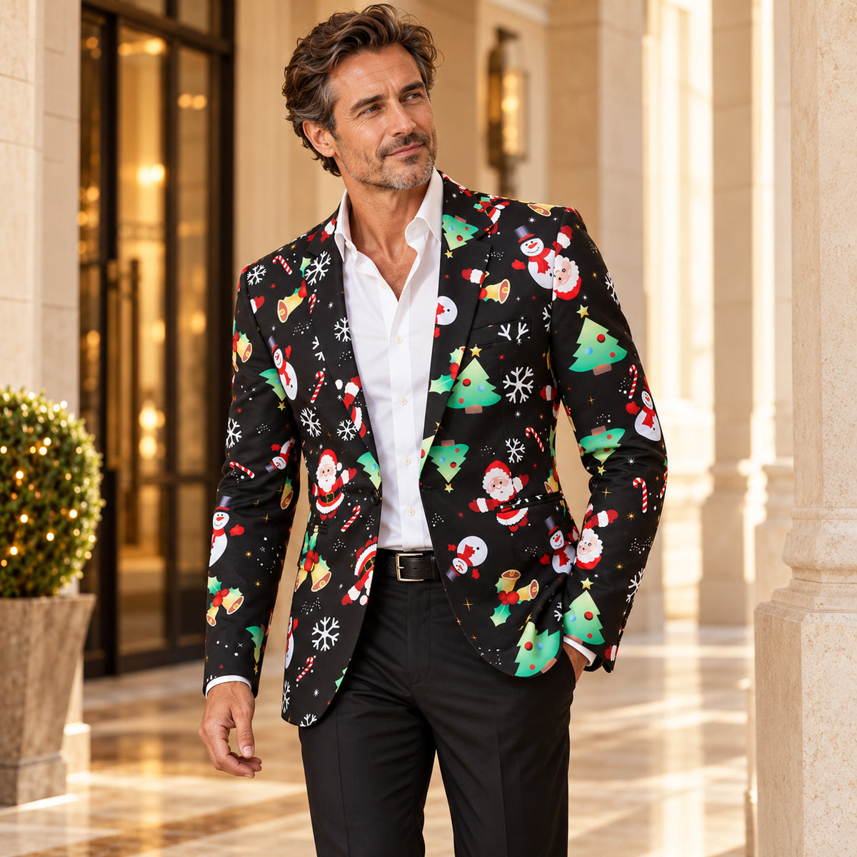 Wisholic men's Christmas printed blazer jacket styled with a white dress shirt and black trousers.