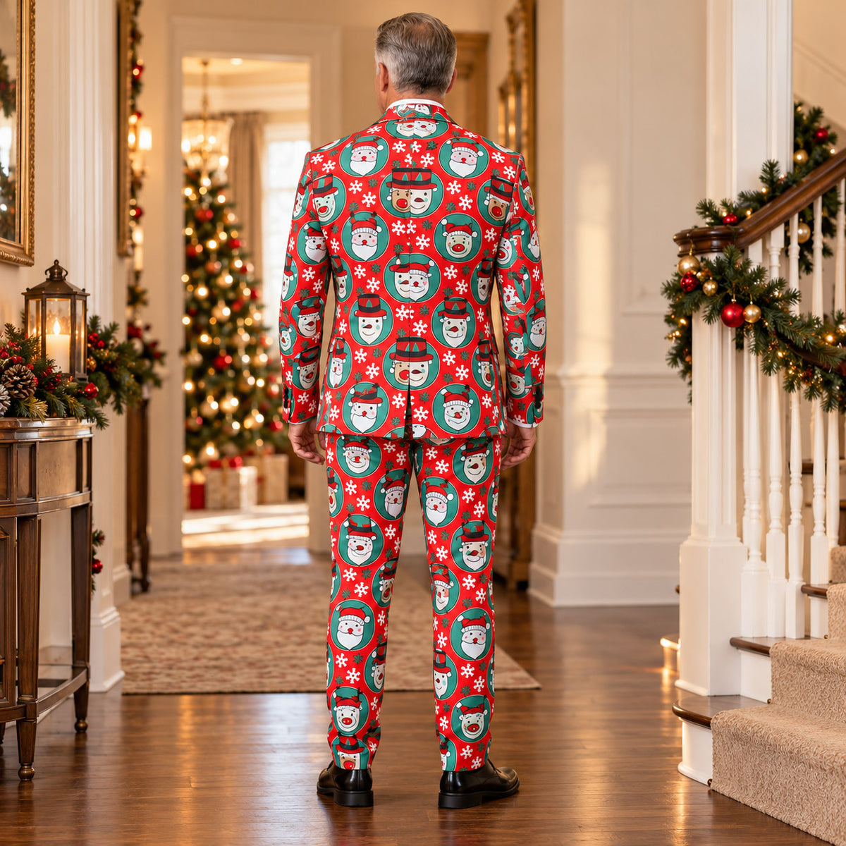 Back view of Wisholic men's Christmas holiday printed suit showing the back vent cut and matching patterned trousers.