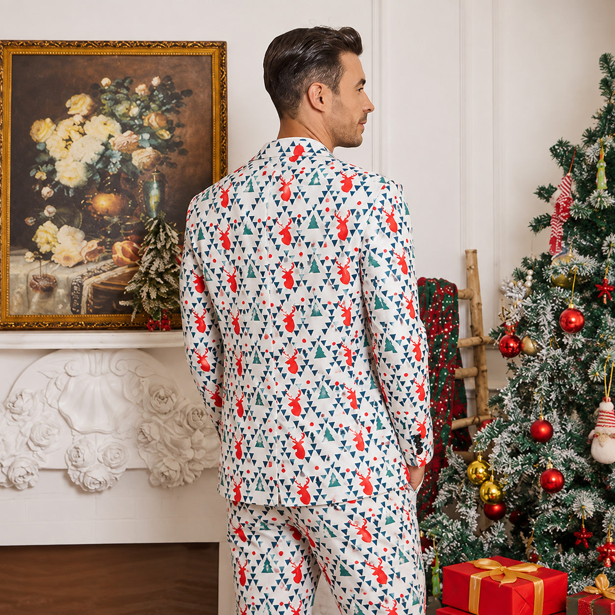 Man wearing WISHOLIC printed holiday suit set taking a selfie outdoors with a sun hat by the pool