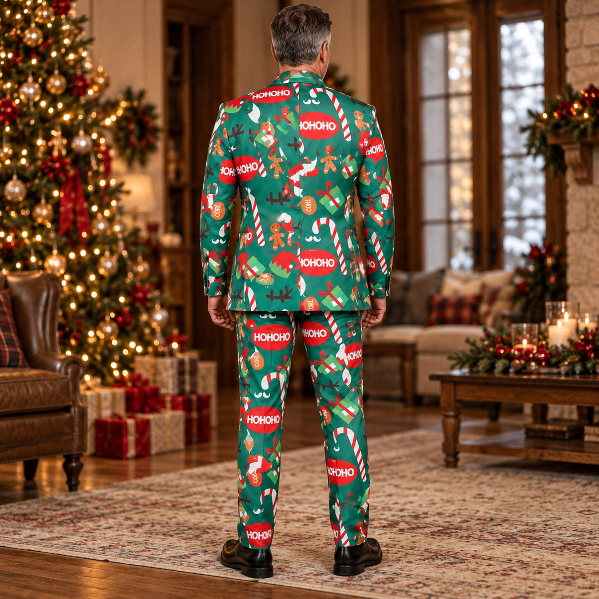 Back view of Wisholic men's green Christmas themed suit and trousers with all-over holiday patterns by an illuminated Christmas tree.