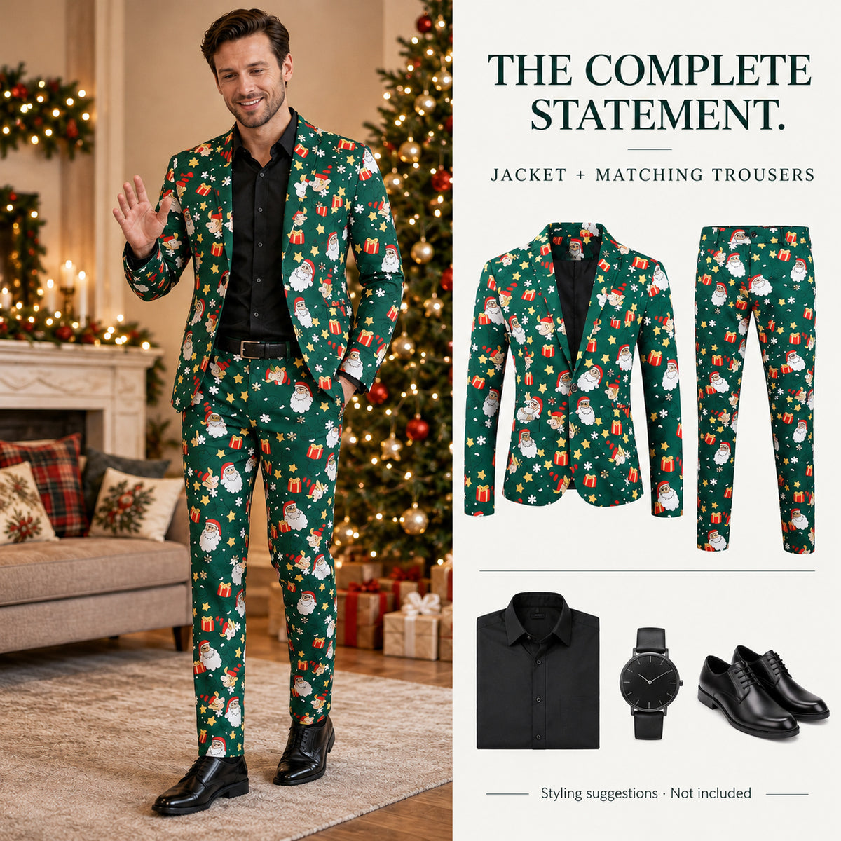 Wisholic complete Christmas printed suit outfit set with green patterned jacket, matching trousers, and black shirt styling.