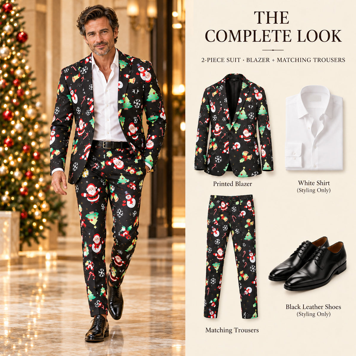 Wisholic Complete Look guide featuring men's Christmas printed suit, white shirt, and black leather shoes.
