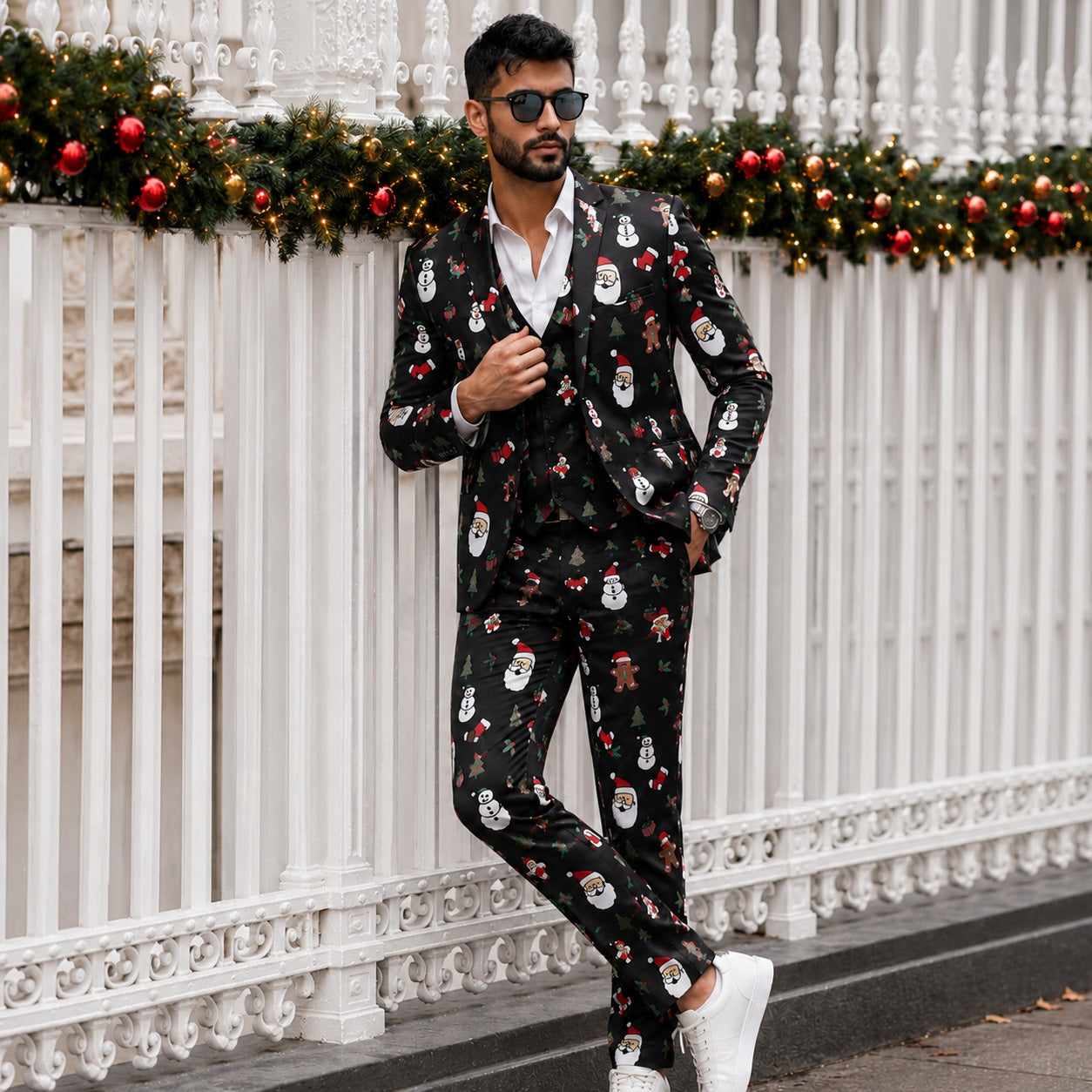 Full length view of men's festive Christmas printed suit and matching trousers | WISHOLIC