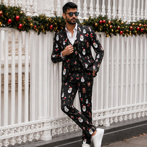 Full length view of men's festive Christmas printed suit and matching trousers | WISHOLIC