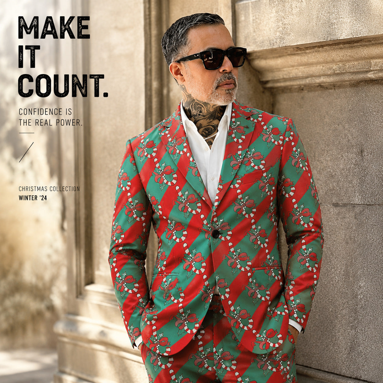 Model in candy cane print Christmas suit jacket and matching trousers street style | WISHOLIC