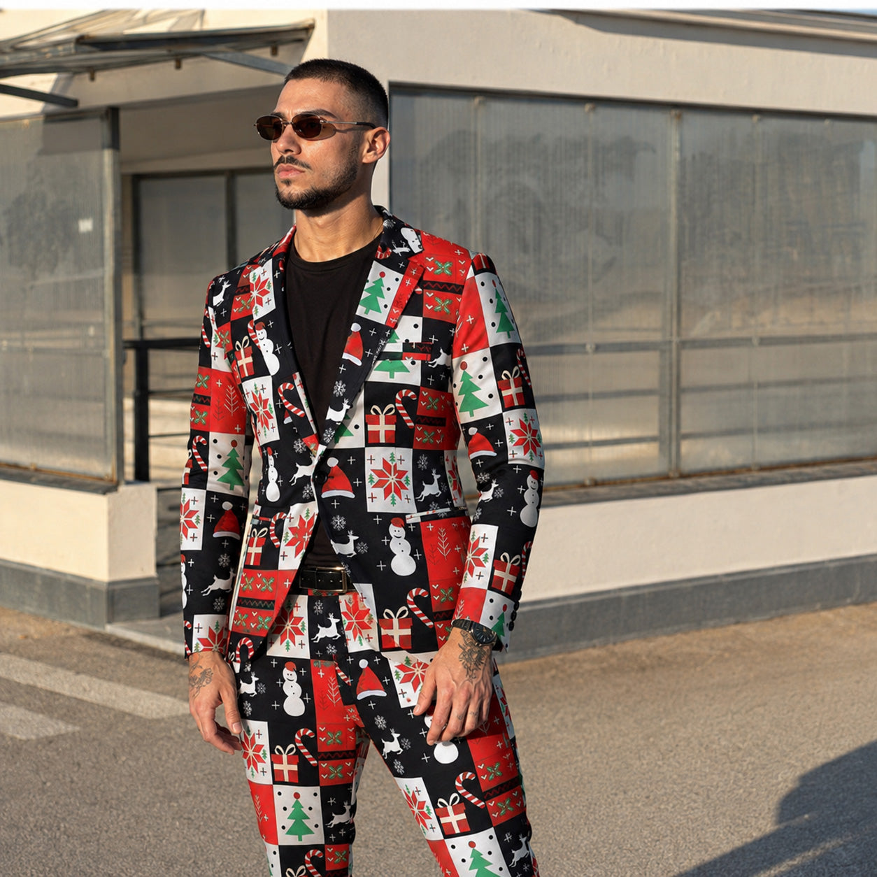 WISHOLIC men's festive Christmas printed suit featuring holiday motifs worn outdoors in street style setting