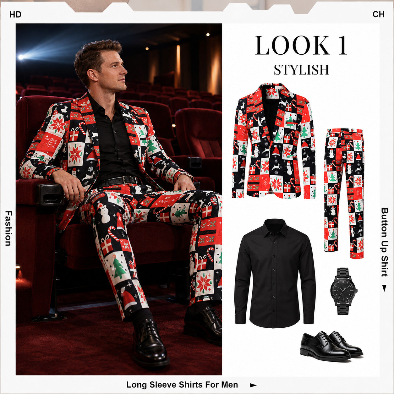 WISHOLIC men's Christmas printed suit outfit guide showing full suit set with black dress shirt and shoes