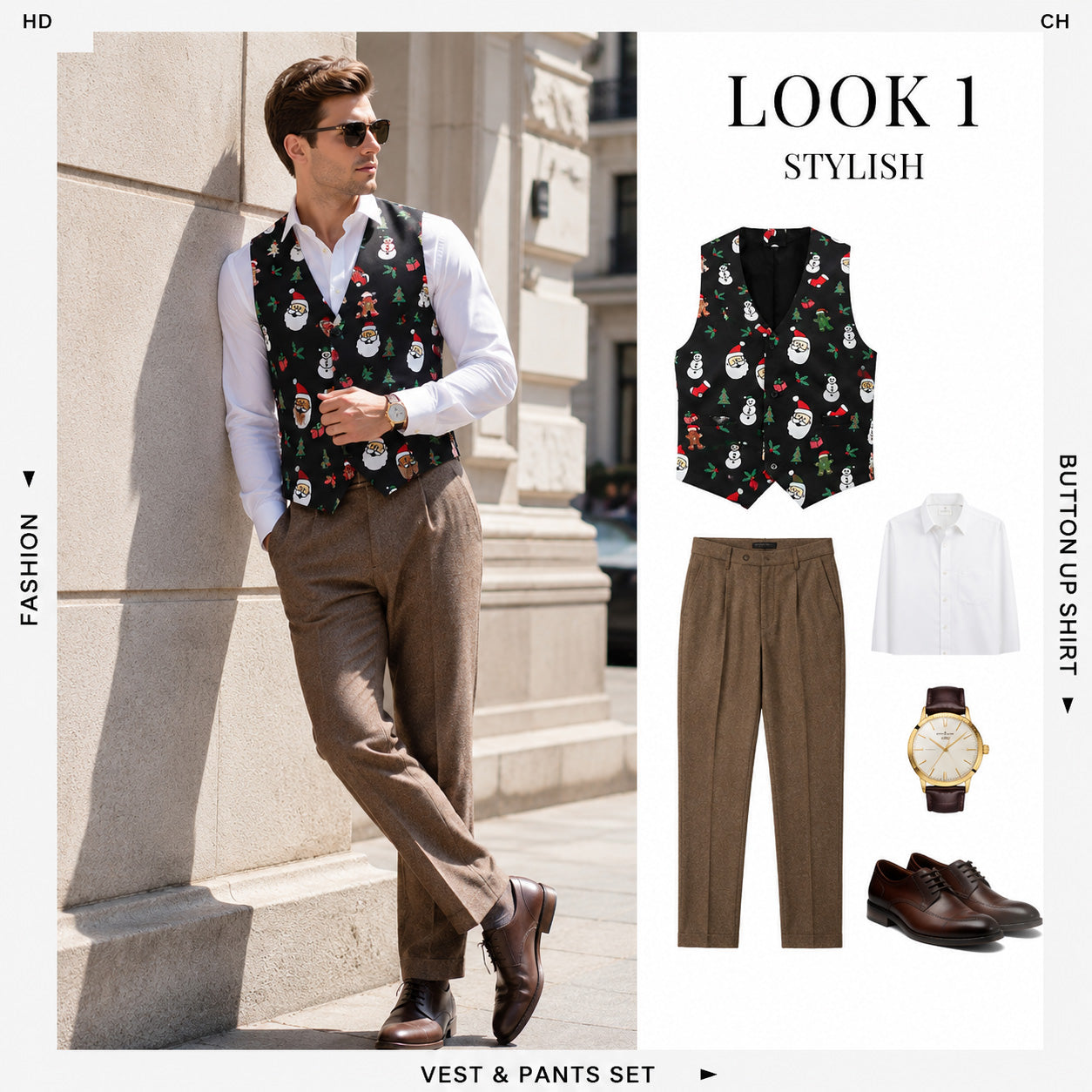 Men's Christmas print waistcoat styled with brown trousers outfit set | WISHOLIC