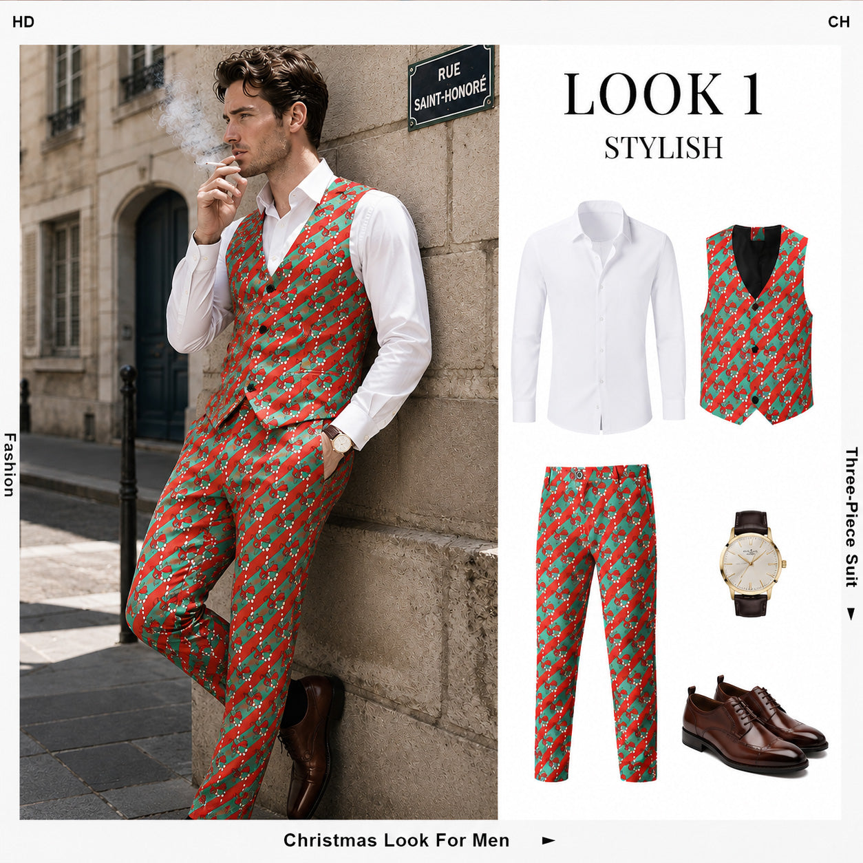 WISHOLIC men's Christmas printed suit vest and matching trousers outfit look 1