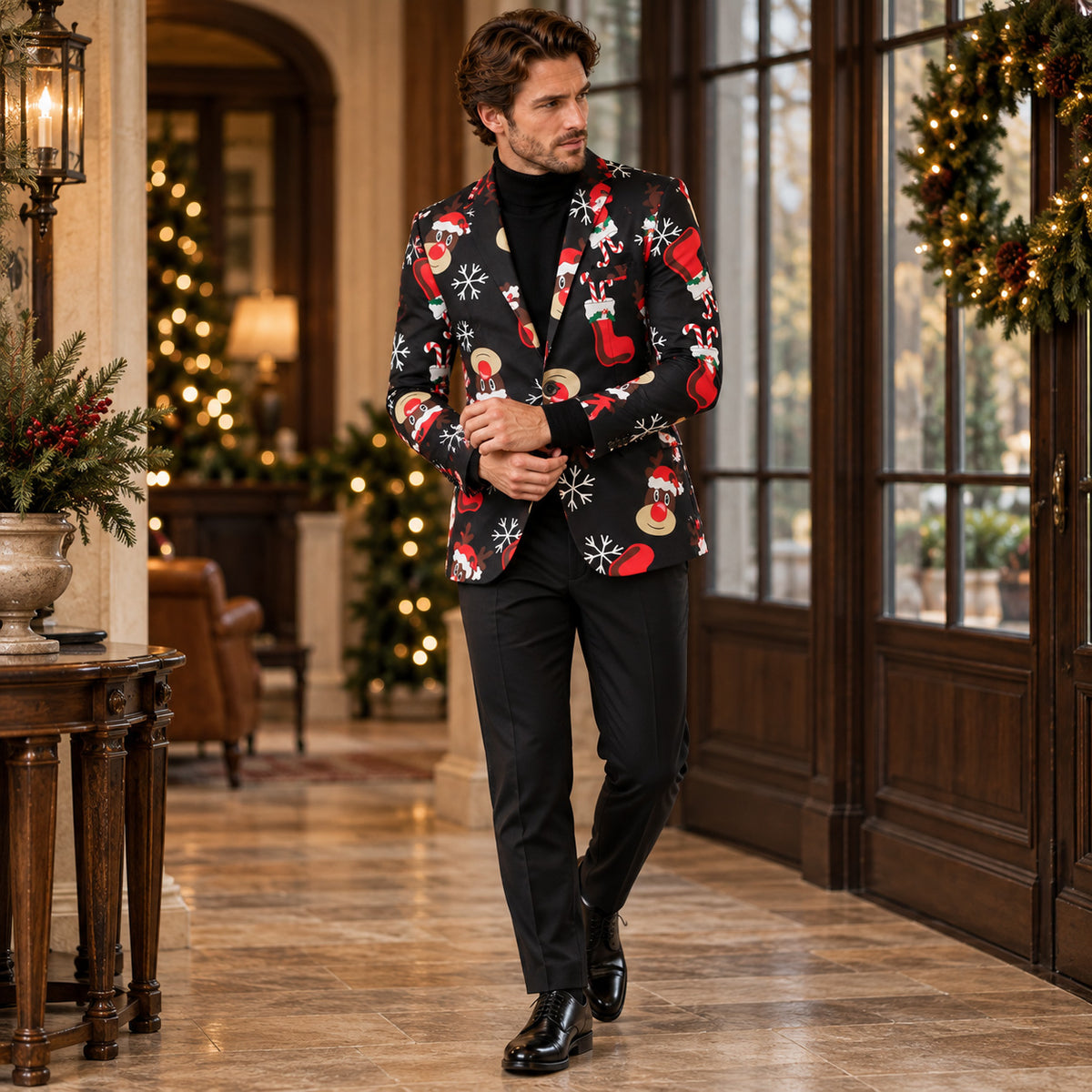 WISHOLIC men's black reindeer Christmas blazer styled with a black turtleneck and solid black trousers in a festive interior.