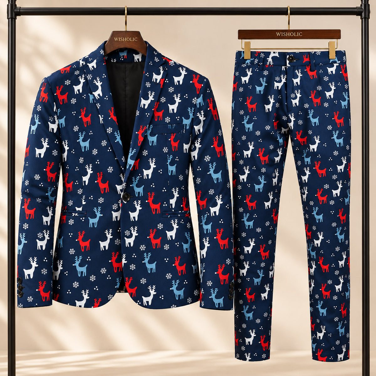 Wisholic 2-piece festive Christmas party suit including matching navy blue printed blazer and tailored trousers on hangers
