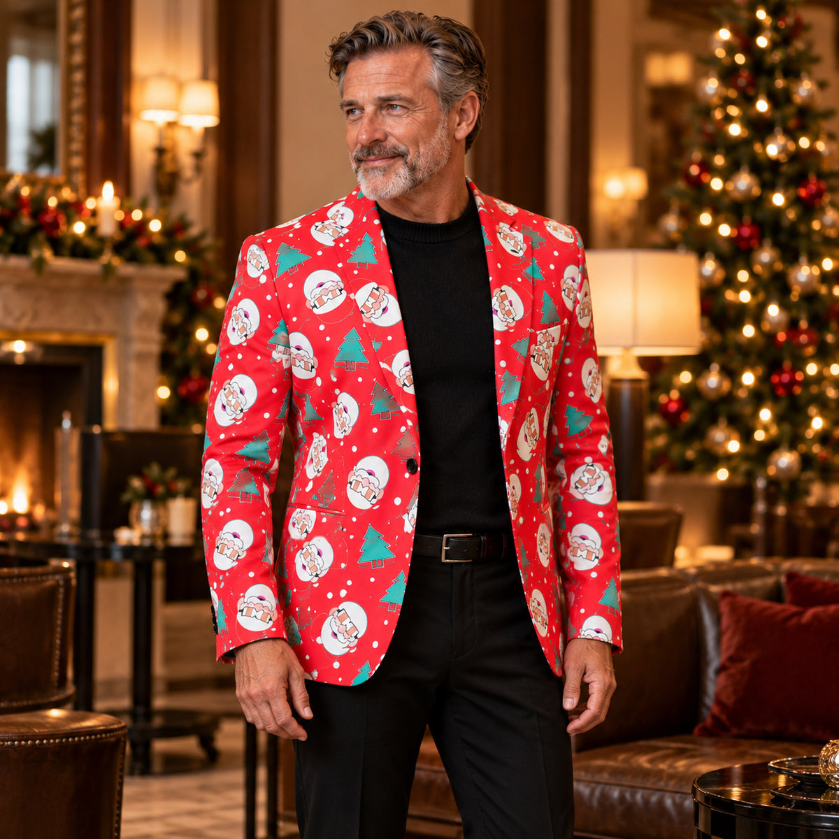 Wisholic men's red Christmas Santa print blazer jacket paired with black trousers and black turtleneck for holiday styling