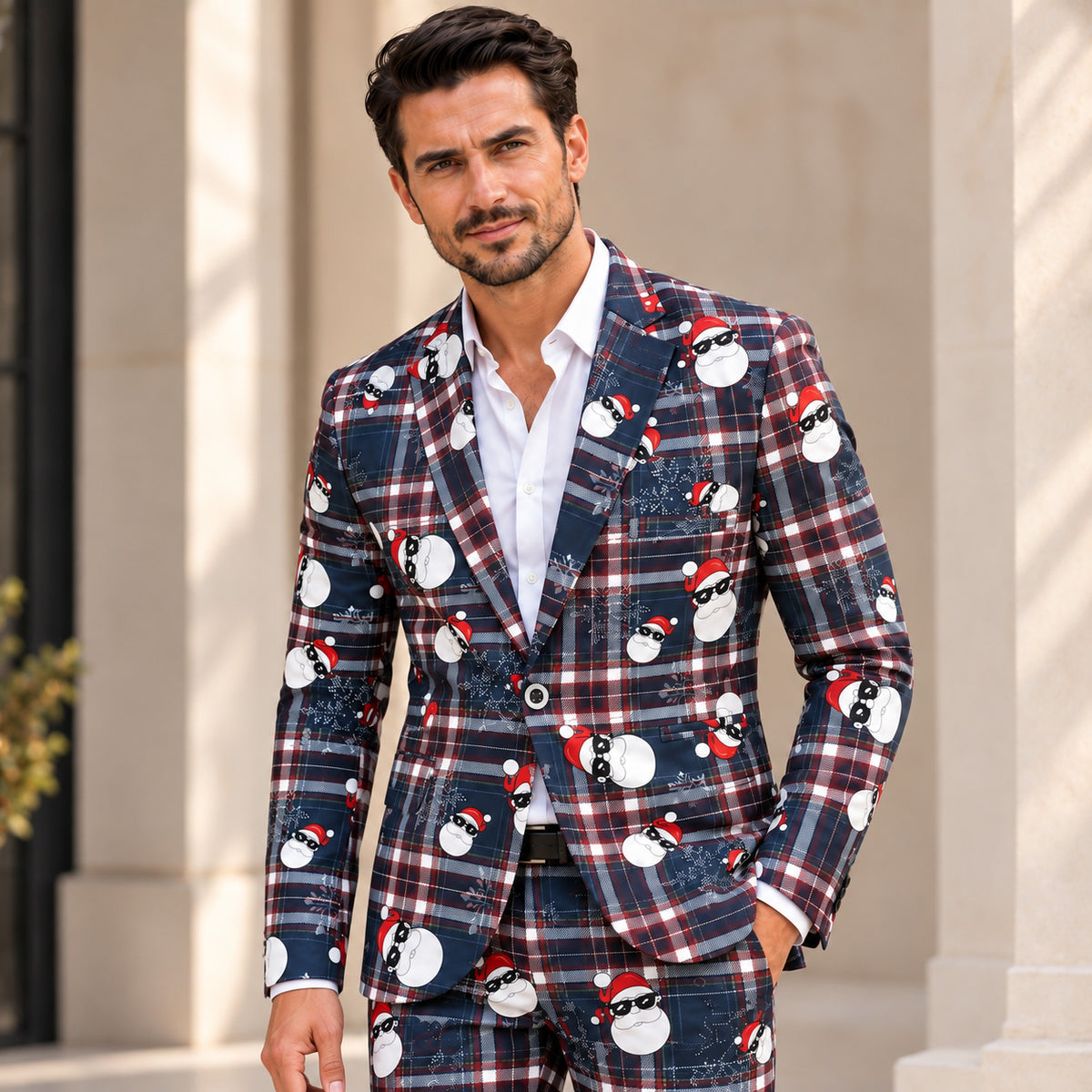 Wisholic men's Christmas plaid suit featuring a navy and red tartan pattern with cool Santa Clause prints, tailored fit front view.