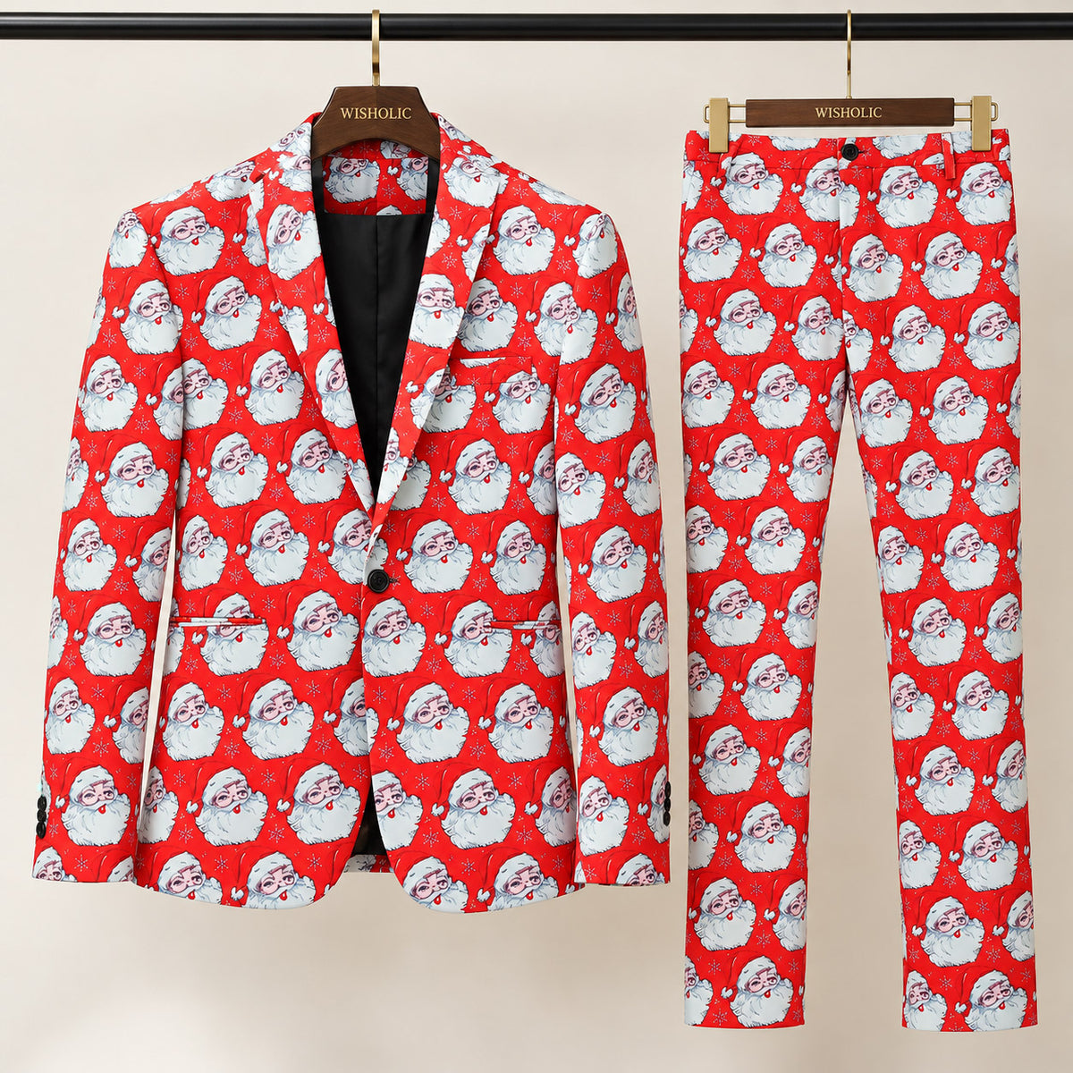 Wisholic two-piece holiday party suit set with Santa Claus pattern blazer jacket and matching tailored trousers on wooden hangers