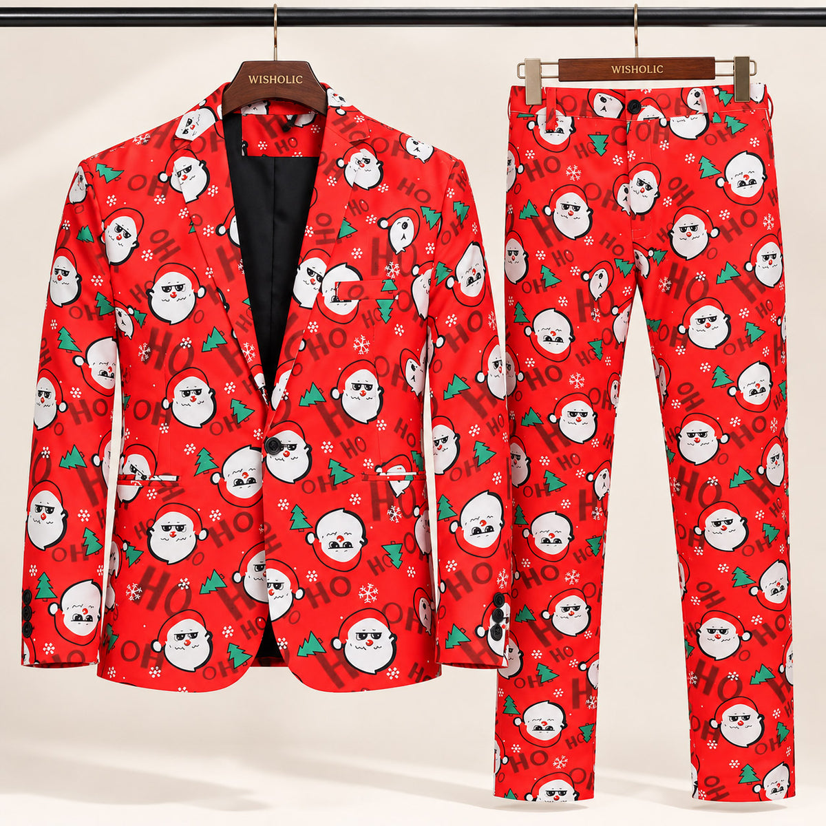 Wisholic red Christmas suit jacket and matching trousers set hanging on display hangers with Santa Claus and Ho Ho Ho graphic print.