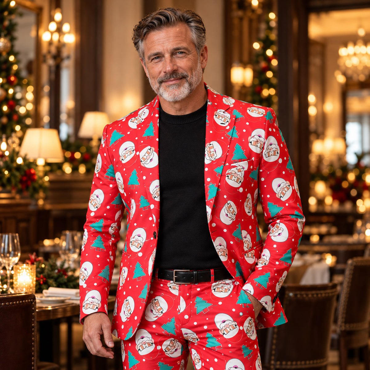 Wisholic men's red festive Christmas suit featuring Santa Claus and tree print, styled for holiday parties