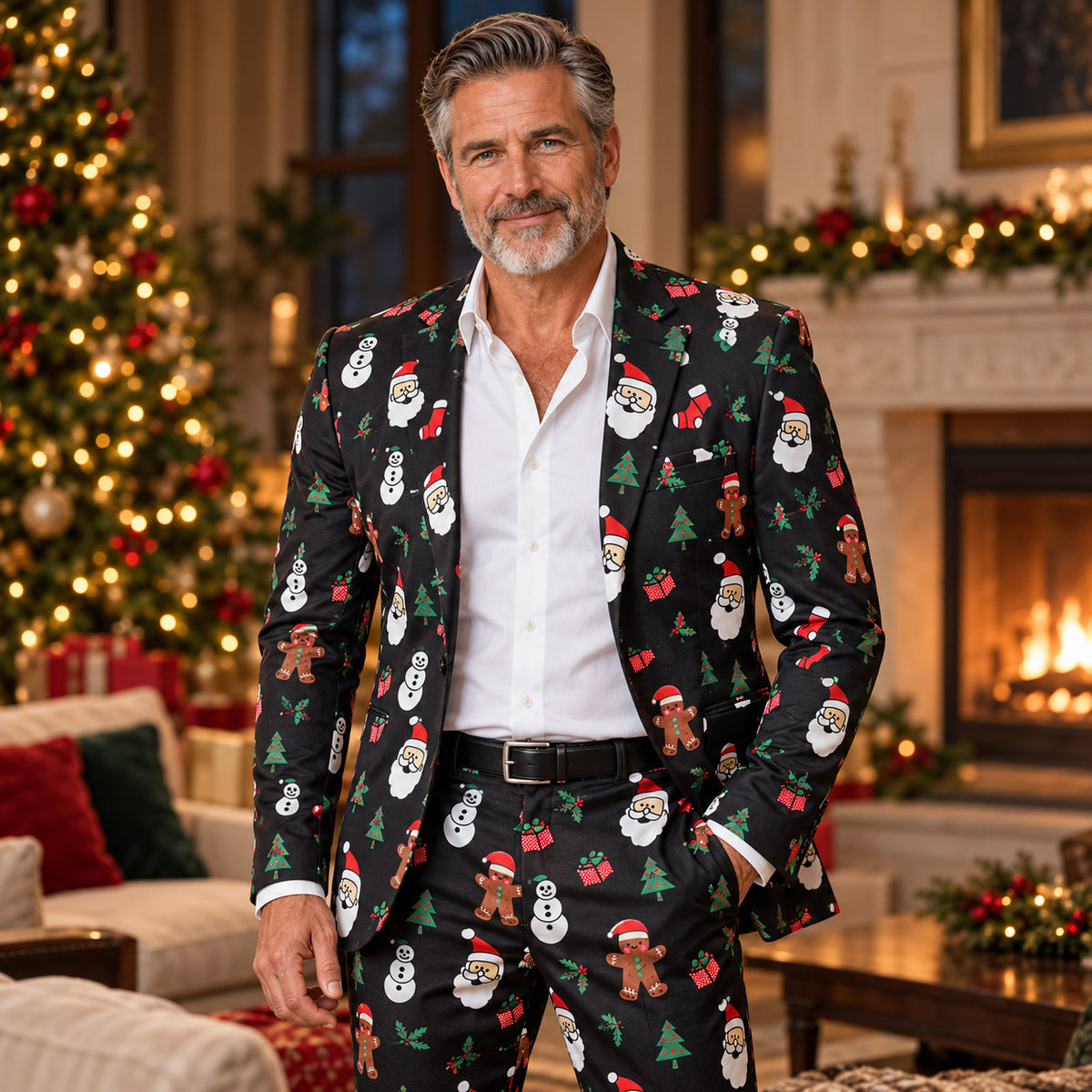 Festlicher Herren-Weihnachtsanzug mit bunten Weihnachtsmotiven