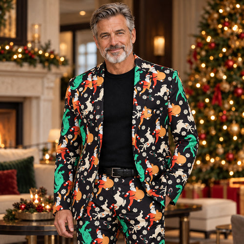 Wisholic men's festive black Christmas suit featuring colorful Santa Claus and reindeer print in a holiday setting