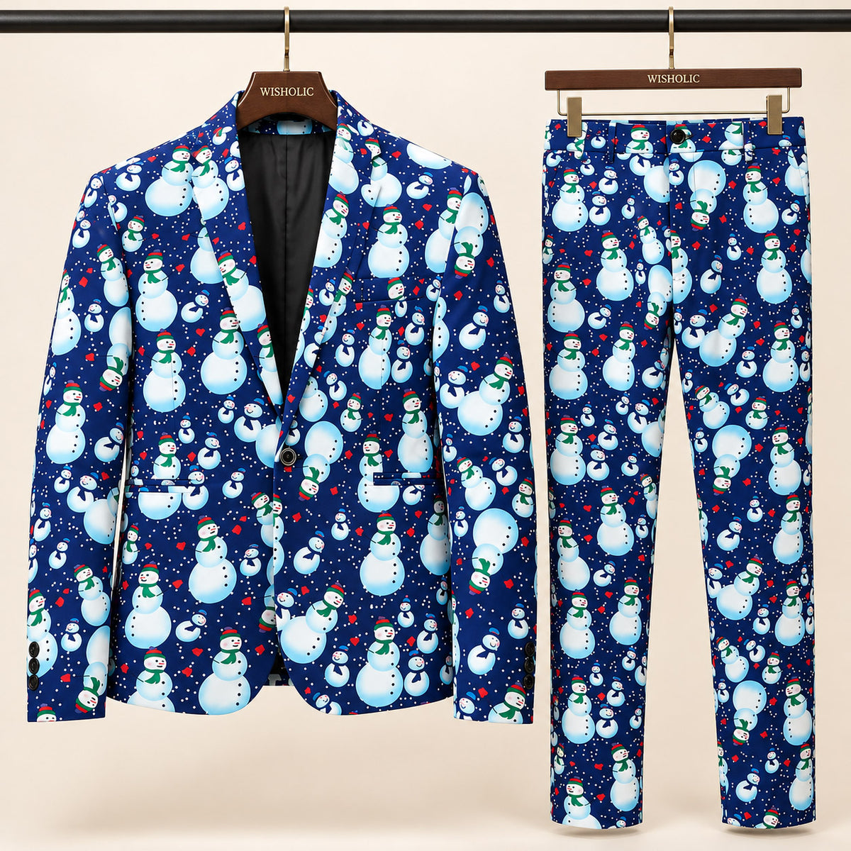 Wisholic festive blue Christmas suit set featuring snowman print blazer and matching tailored trousers on wooden hangers