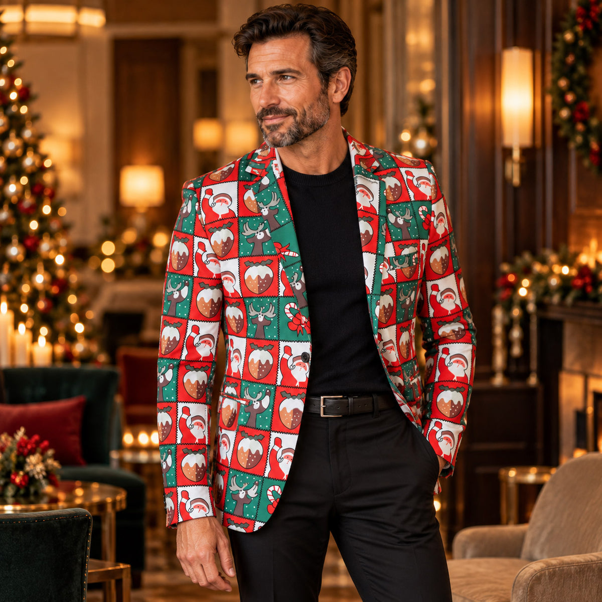 Wisholic men's Christmas stamp print blazer jacket styled with classic black trousers and black knit sweater for holiday party wear
