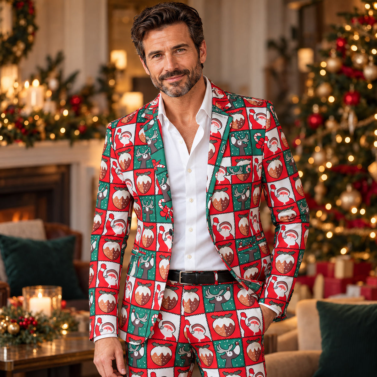 Wisholic men's festive Christmas stamp patchwork suit featuring Santa, reindeer, and holiday pudding print styled with white shirt