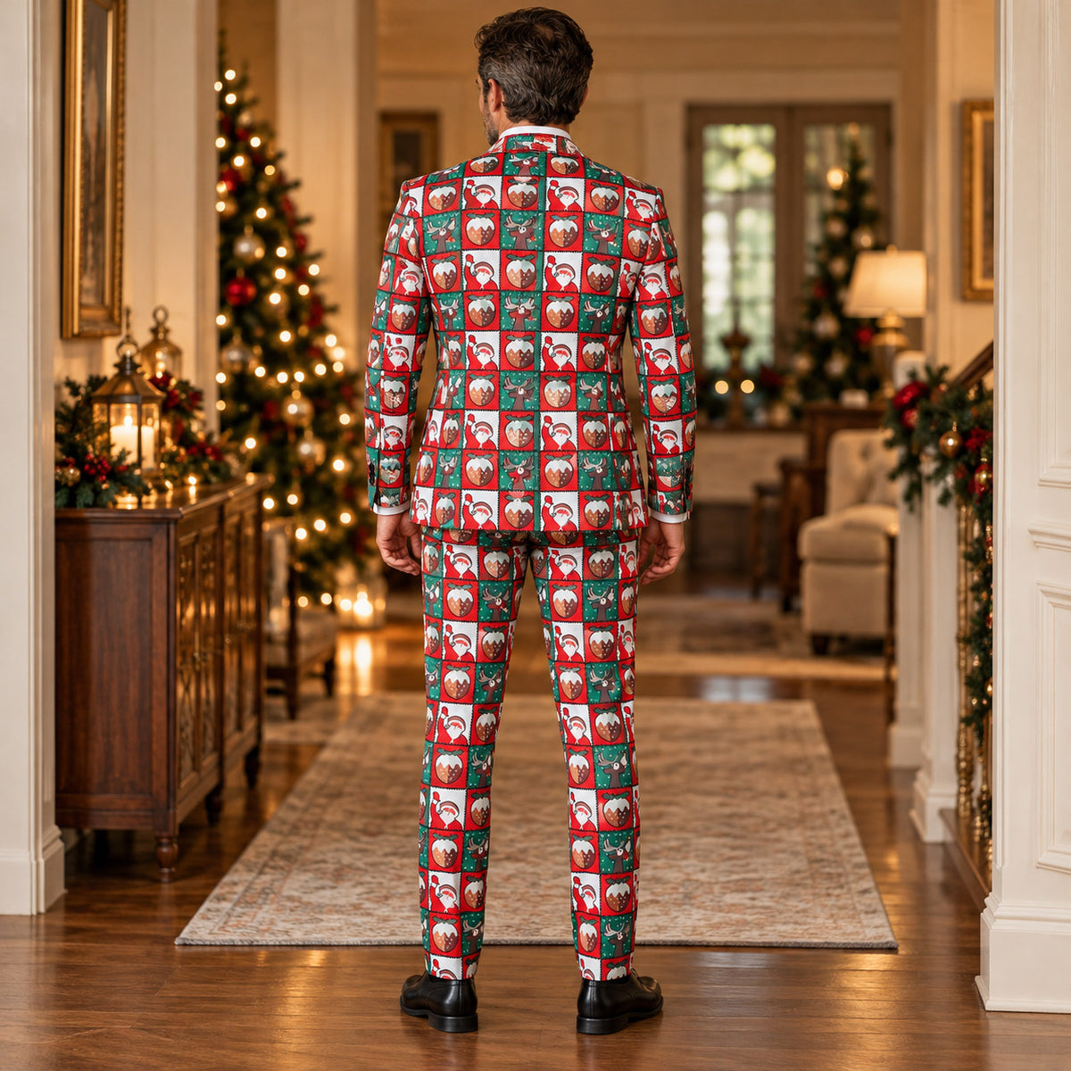Back view of Wisholic tailored men's holiday suit showing seamless red and green Christmas stamp grid pattern in hallway
