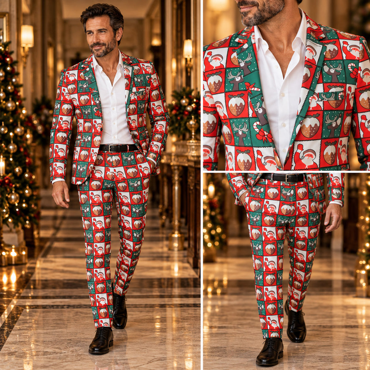 Full body fit and close-up tailoring views of Wisholic men's festive Christmas stamp patchwork suit with slim-fit trousers