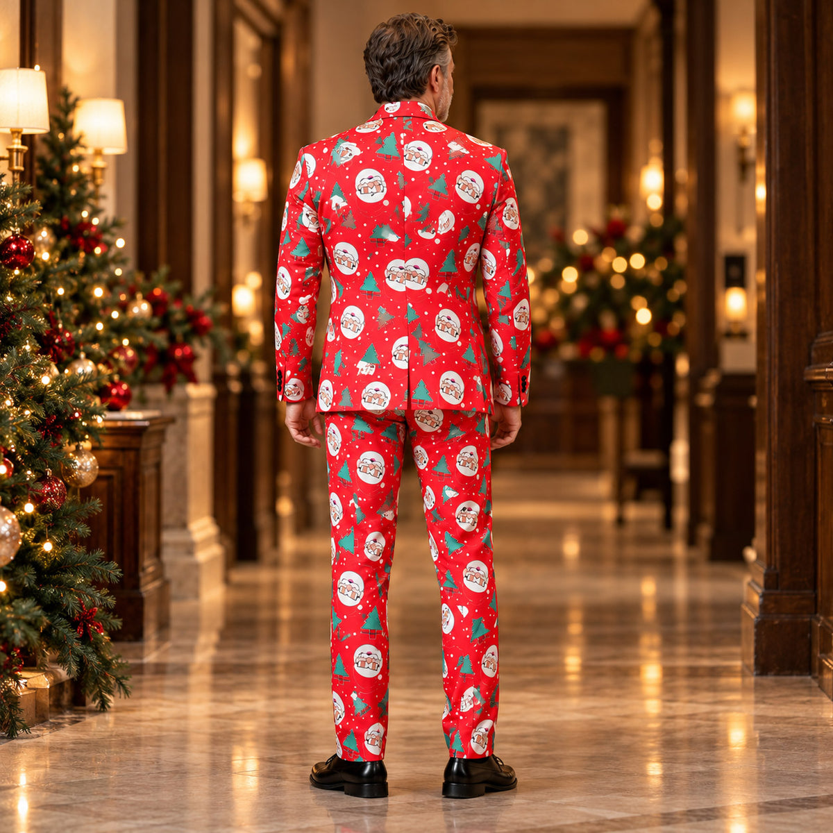 Back view of Wisholic tailored men's red Christmas suit showing all-over Santa print and holiday party room background