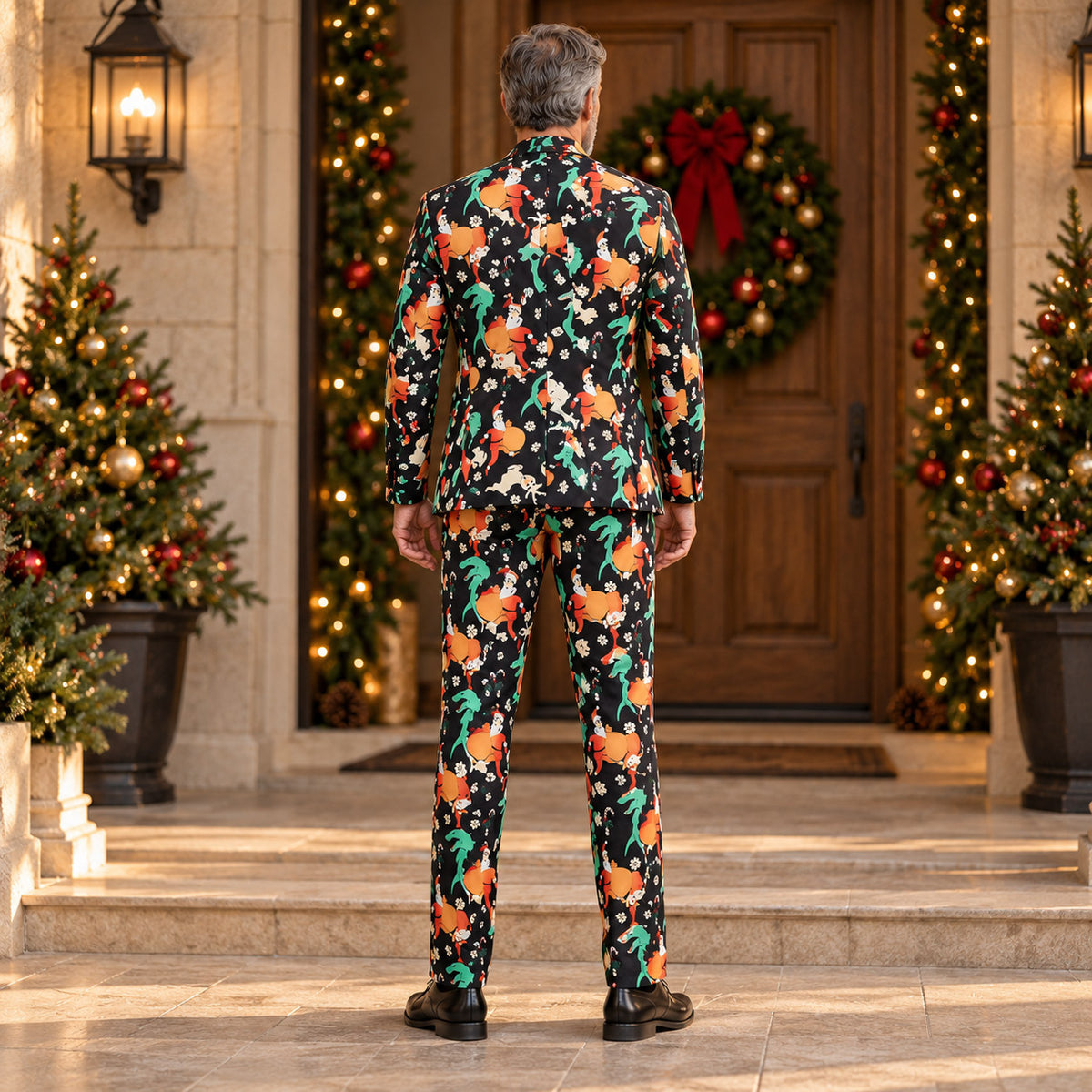 Full-body and close-up collage of Wisholic men's funny Santa print Christmas suit and tailored holiday trousers