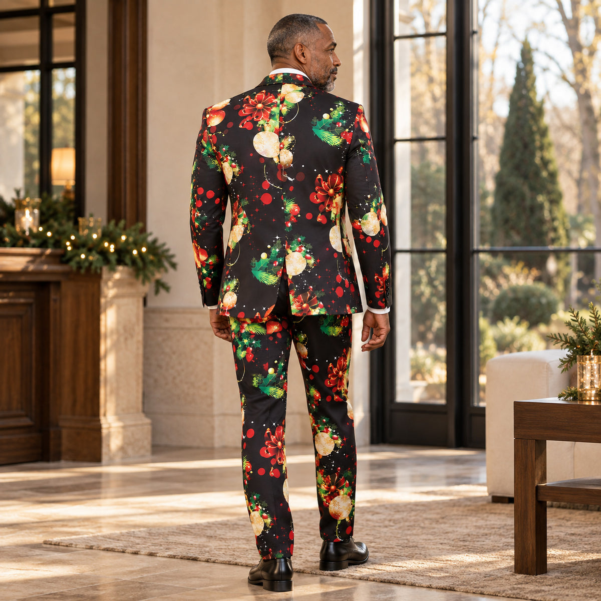 Back view of WISHOLIC men's black Christmas suit showing the festive ornament print, tailored blazer and matching trousers.