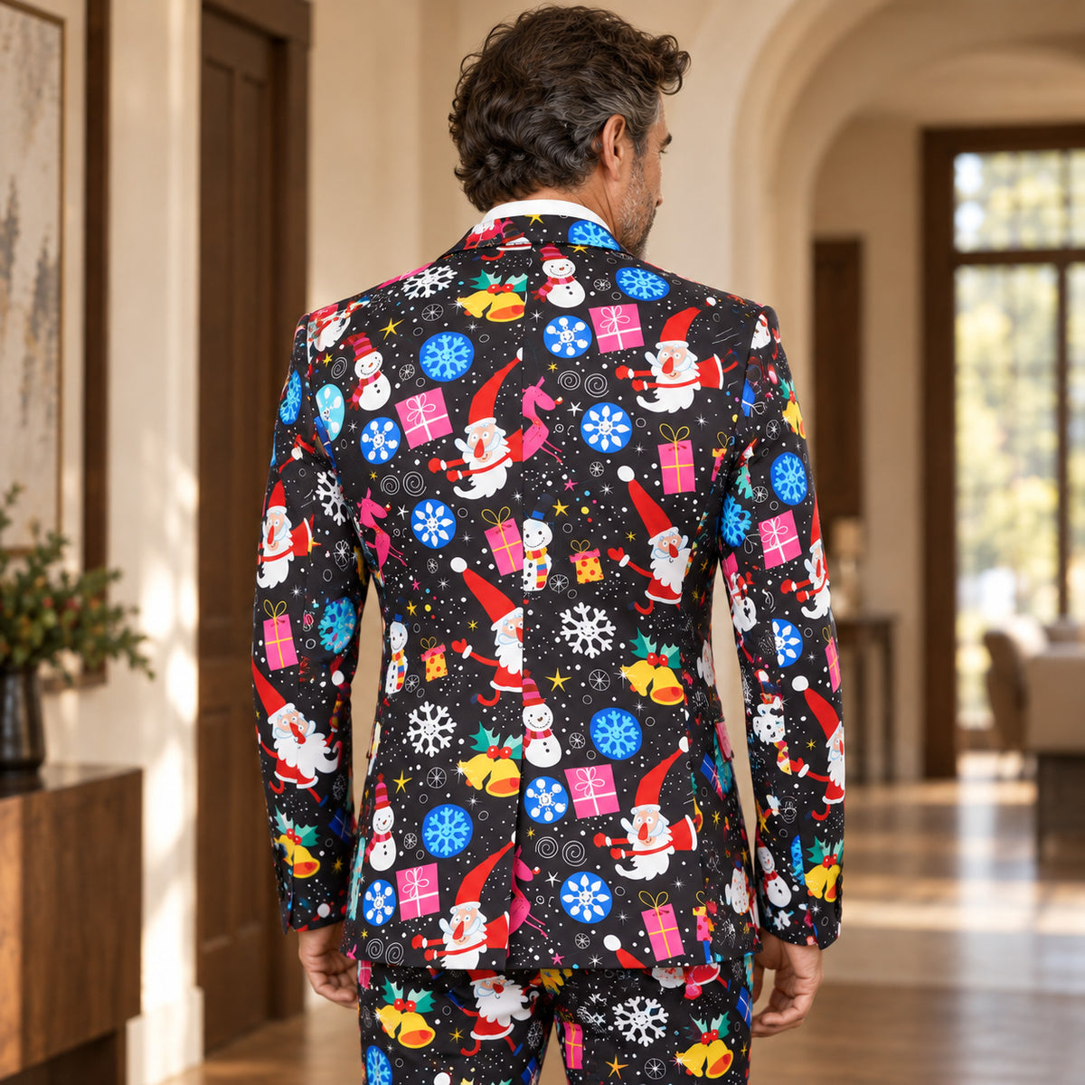 Back view of WISHOLIC men's black Christmas suit showing colorful holiday prints and tailored blazer