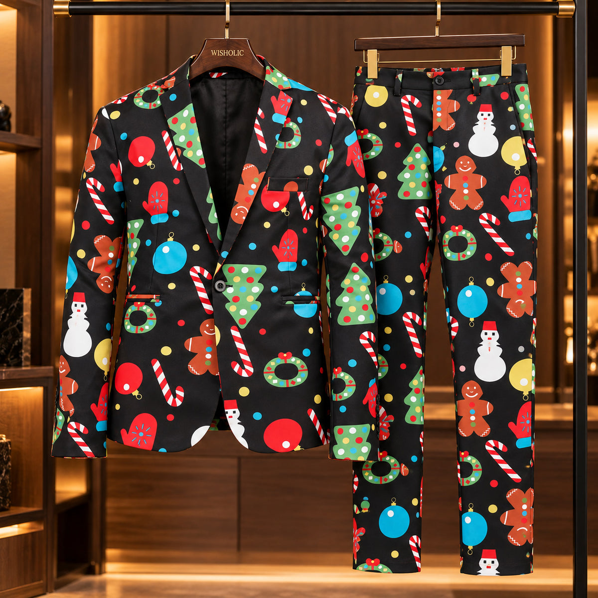 WISHOLIC men's black Christmas suit featuring a festive printed blazer and matching trousers on wooden hangers