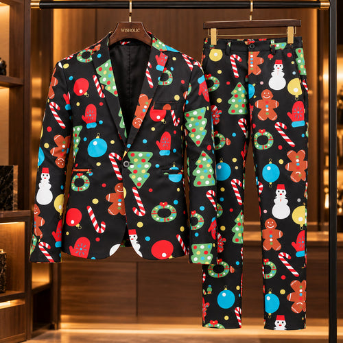 WISHOLIC men's black Christmas suit featuring a festive printed blazer and matching trousers on wooden hangers