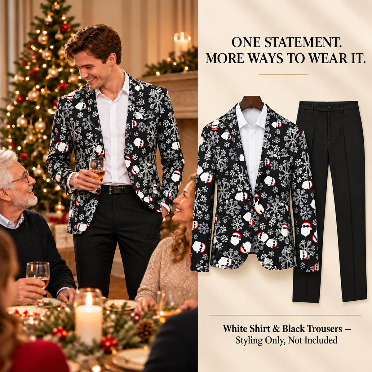 Wisholic Christmas printed blazer styled separately with plain black trousers for versatile holiday dining outfits.