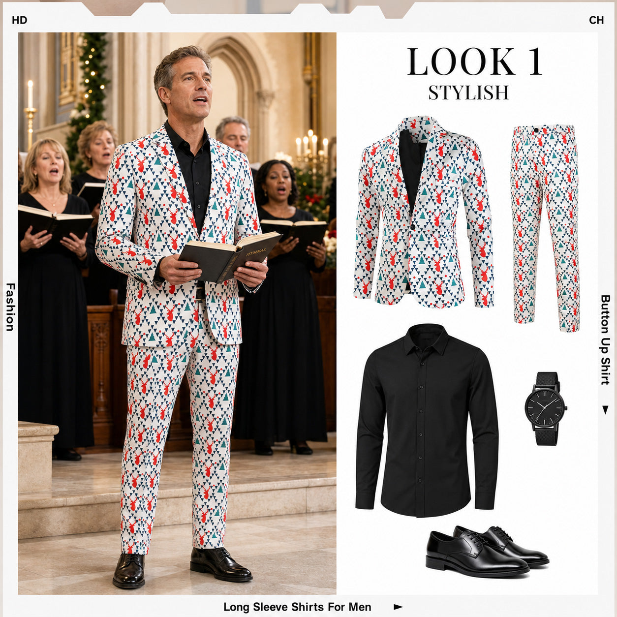 WISHOLIC men's Christmas suit set styled with a black dress shirt and black leather shoes