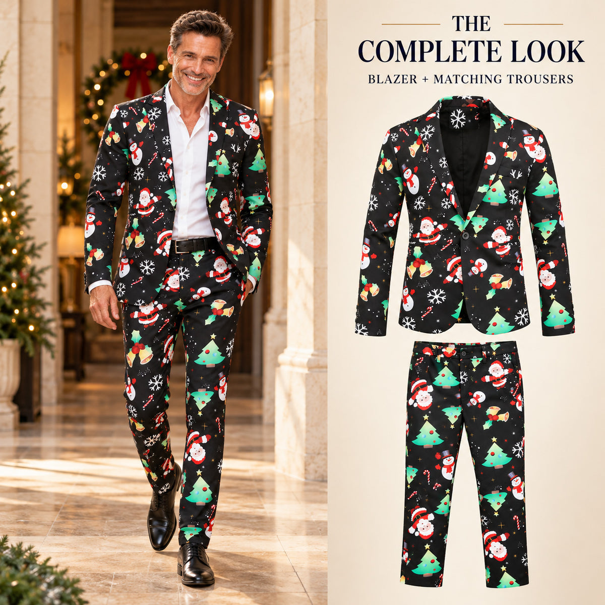 WISHOLIC men's Christmas suit complete look with a model wearing the black festive print blazer and matching trousers alongside a two-piece outfit display.