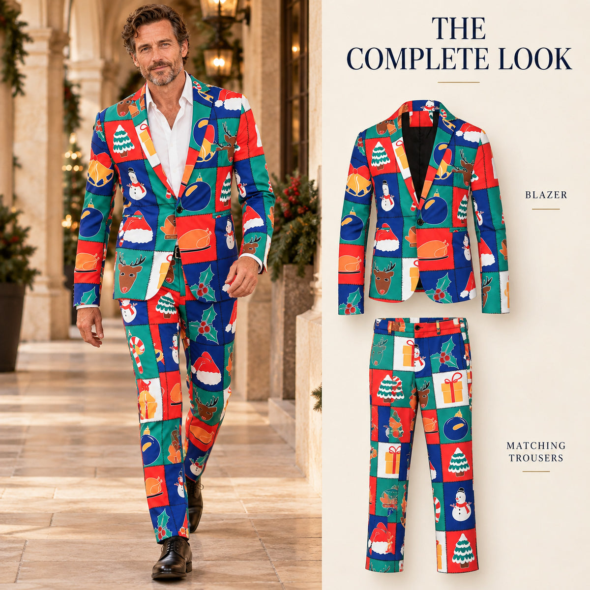 WISHOLIC men's Christmas patchwork suit showing the complete two-piece look with matching blazer and trousers